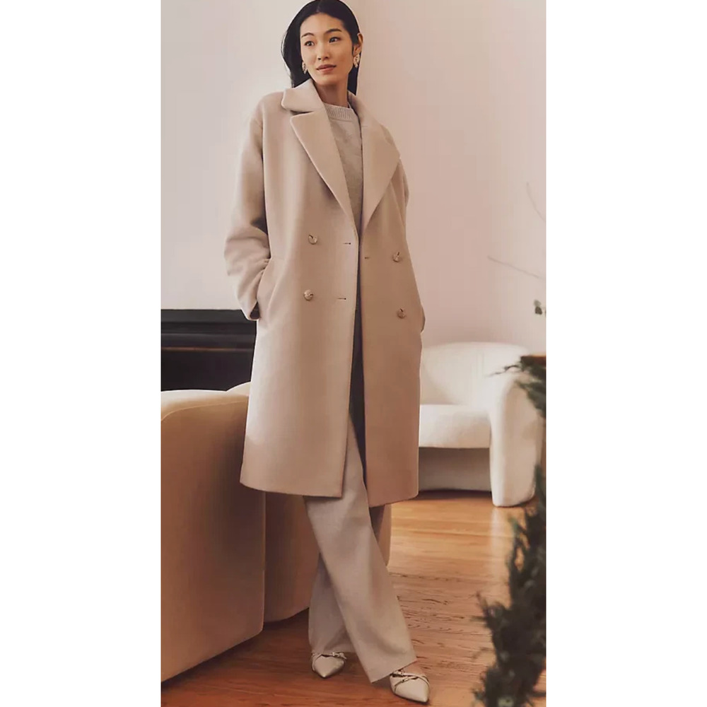 NEW ANN TAYLOR BEIGE WOOL BLEND RELAXED COCOON DOUBLE BREASTED COAT SZ L